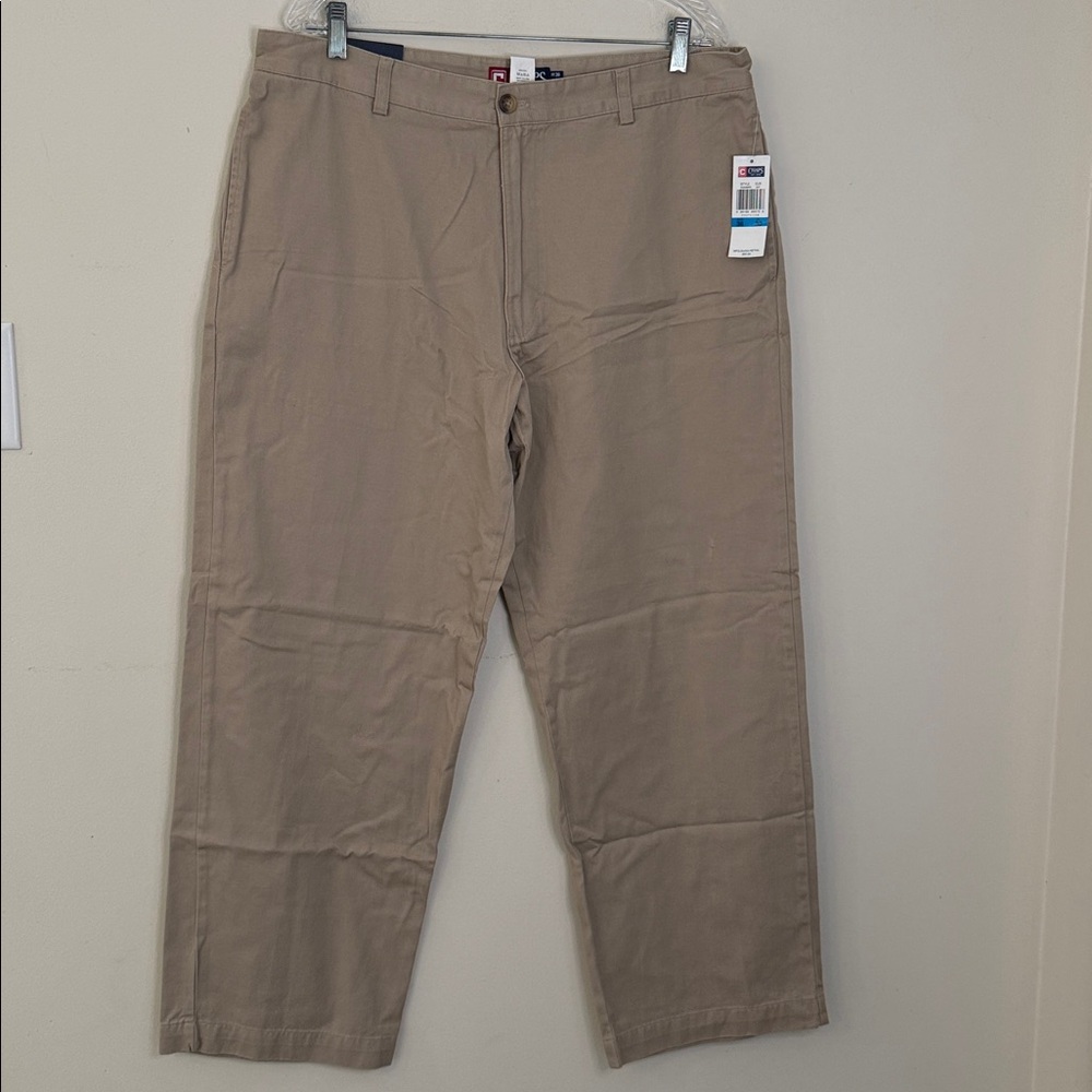 Chaps Beige Trousers 100% cotton flat front straight legs pockets SZ 36”Wx30”L